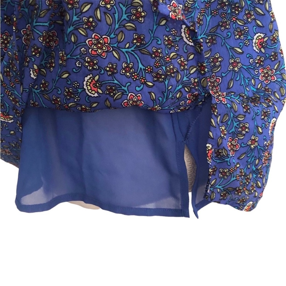 LOFT Blue Floral Mock Neck Ruffled Short Sleeve Blouse Size M - Picture 5 of 8